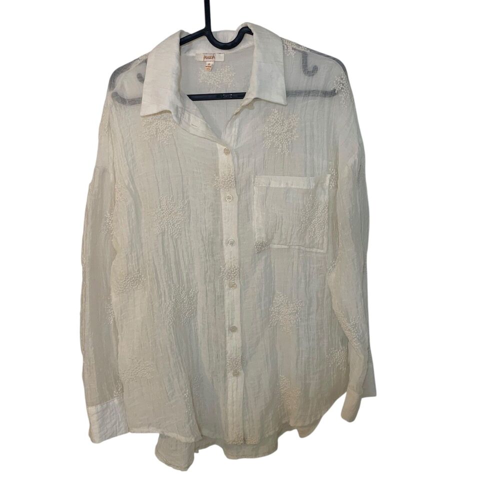 Peach Womens Sheer Embroidered Cream Button Down Shirt S Boho Coastal Festival